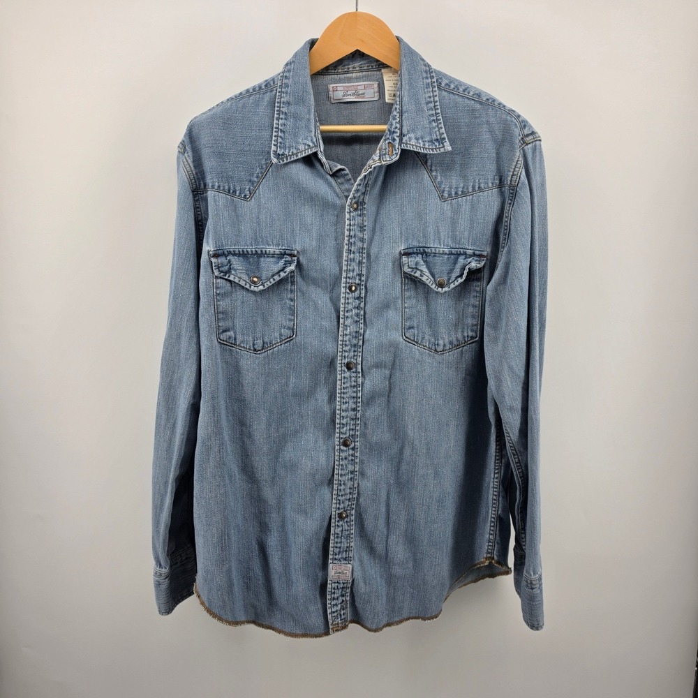 Levi Strauss Signature Mens XL Western Denim Shirt Metal Pearl Snap Light Wash